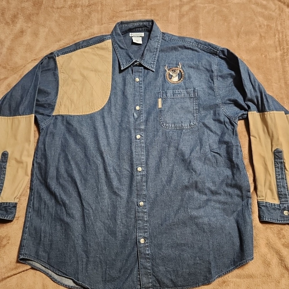 Columbia Hunting Shirt Khaki Padded Shoulder Denim Long Sleeve Mens XXL Shooting